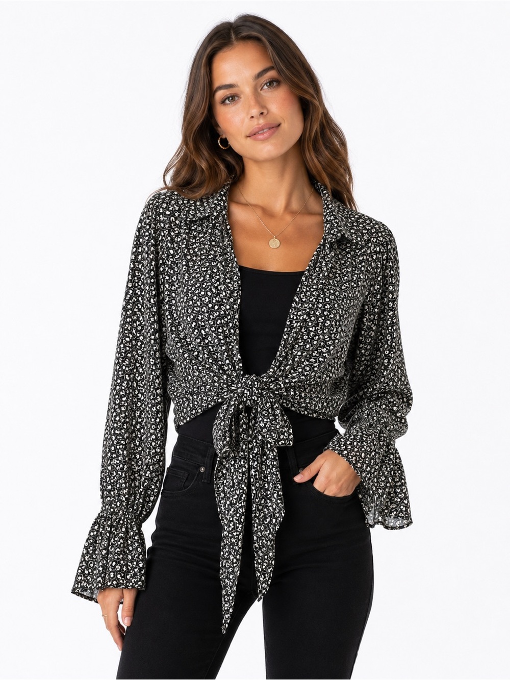 Black and white Print floral cropped tie- front blouse with ruffle cuffs